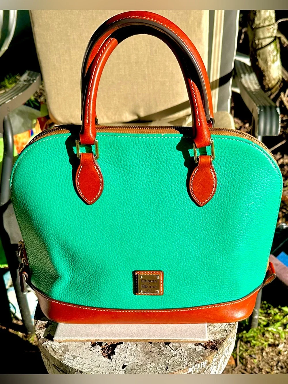 Dooney & Bourke Teal Leather Dome Satchel with Brown Trim